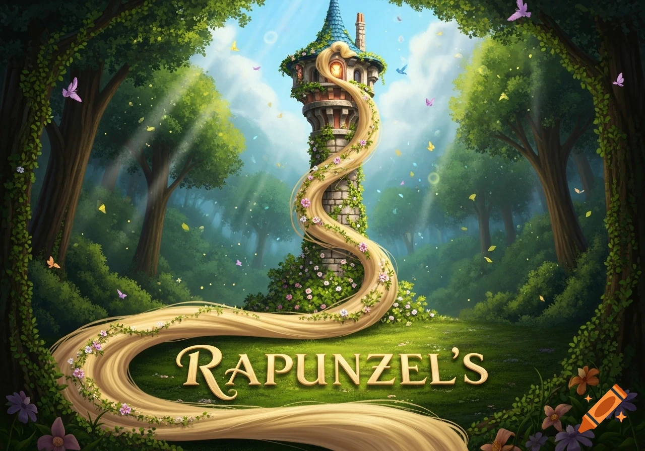 A fantasy tower in a lush forest with Rapunzel's golden hair spelling 'RAPUNZEL'S' on the ground, surrounded by trees and butterflies.