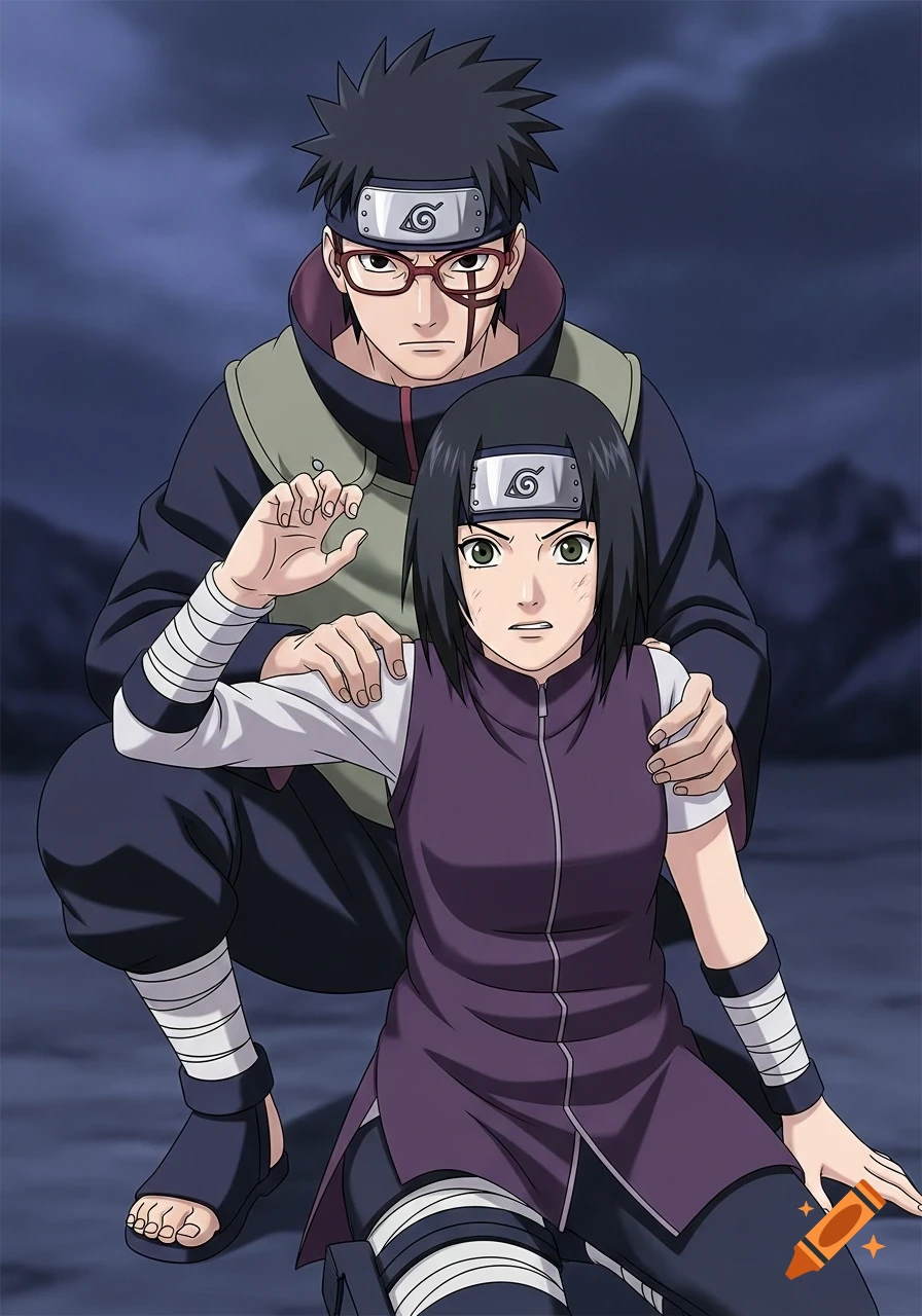 An anime man with glasses and a scar holding a woman from behind, both wearing ninja headbands.