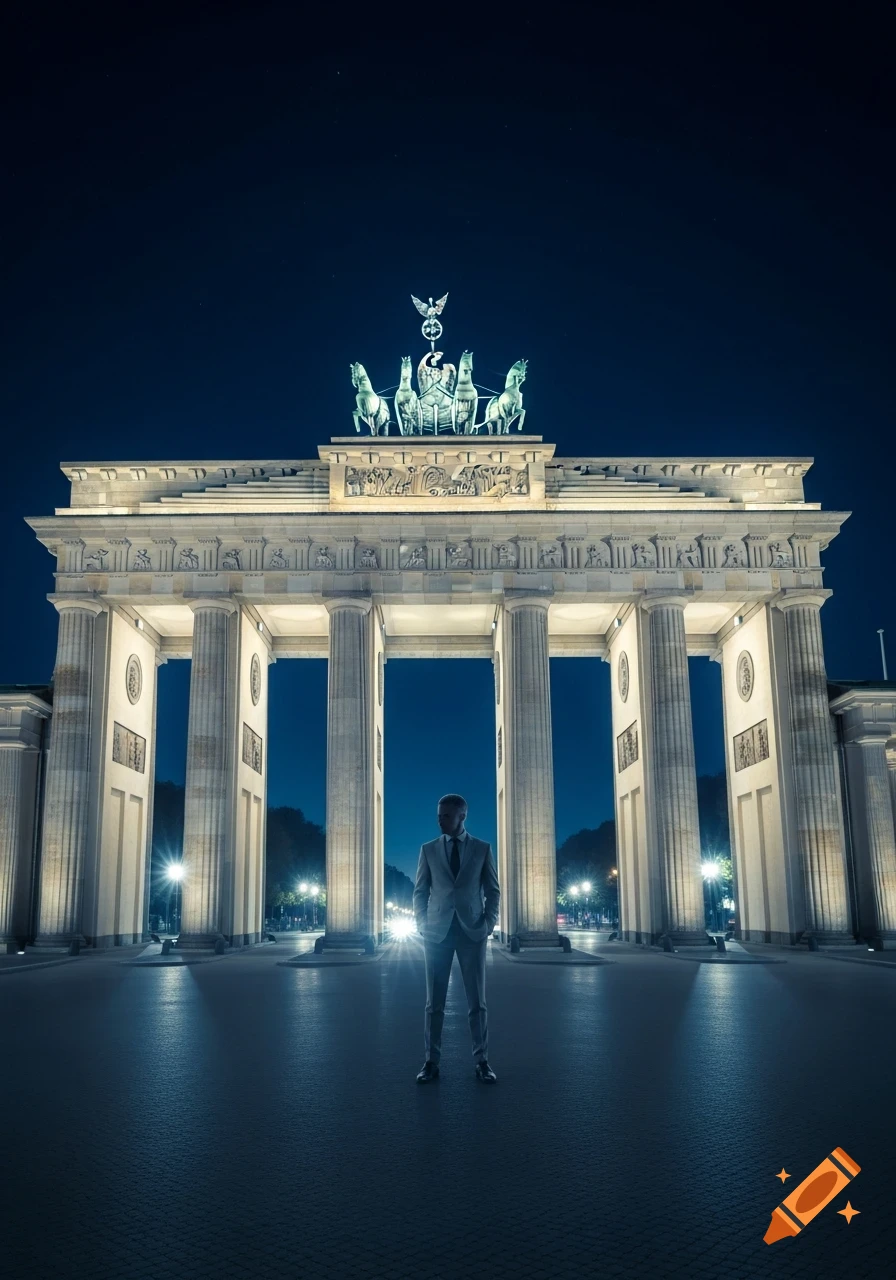 A man in a suit stands centered in front of the illuminated Brandenburg Gate at night, shot in a dramatic, dark style.