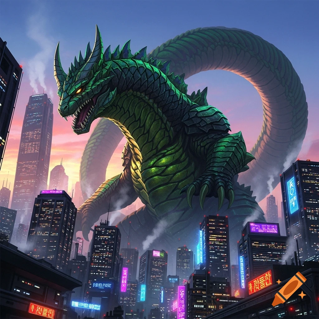 Giant green dragon-like kaiju monster (Yongary) towering over a futuristic city with glowing neon signs at sunset.