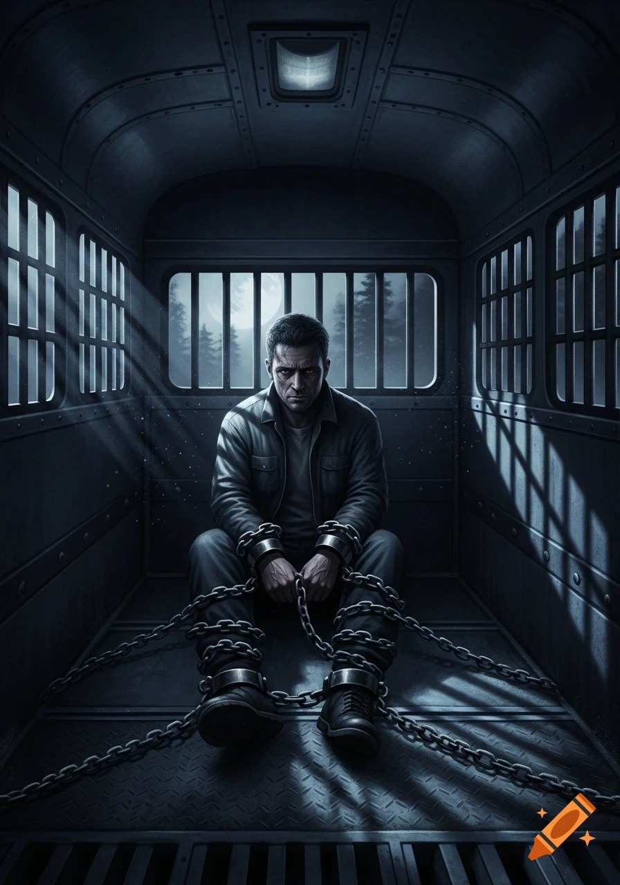 A man sits chained in a dark, enclosed prison cell with barred windows, gazing intently at the viewer. Moonlight shines from outside.