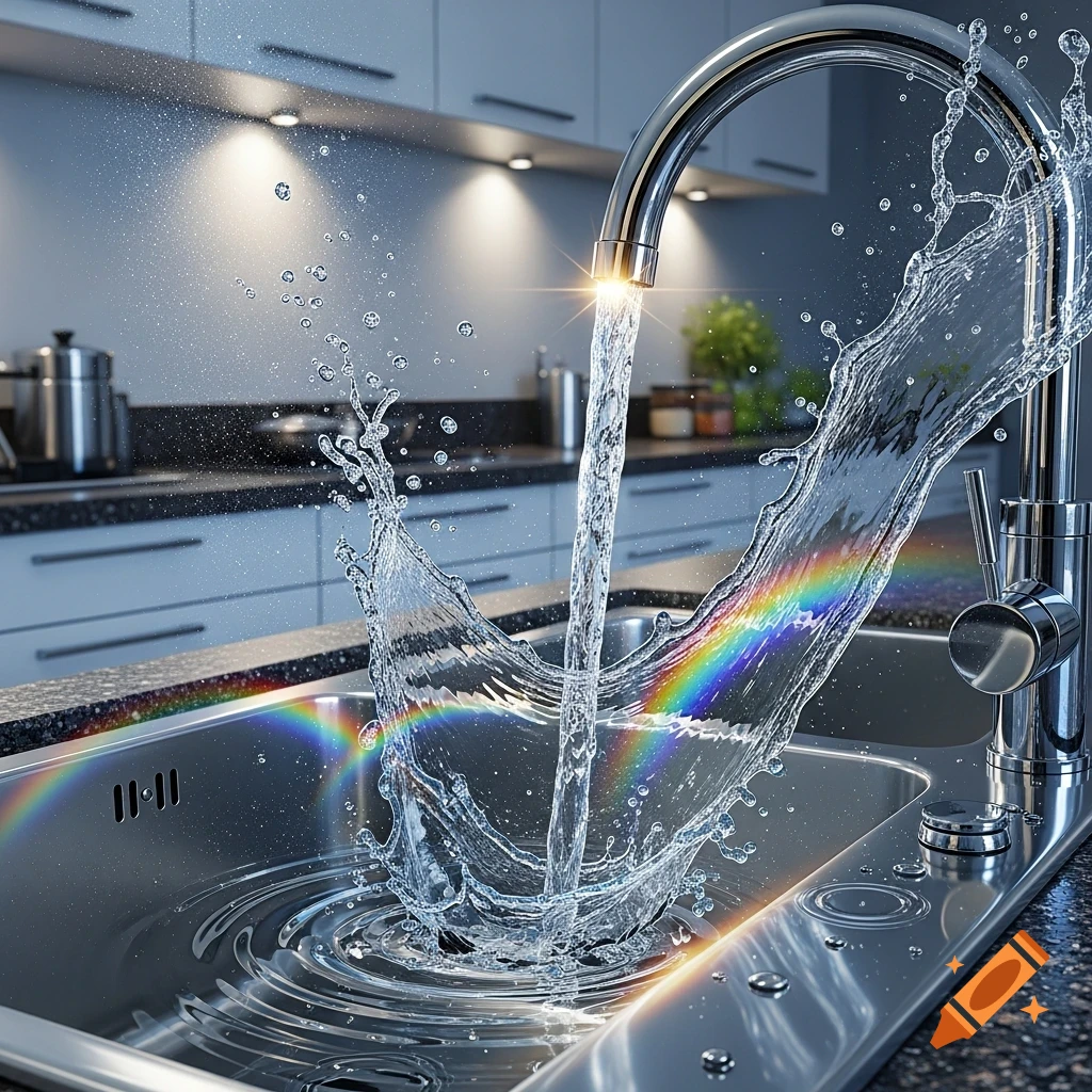 Photorealistic image of a kitchen faucet with water dramatically splashing into a steel sink, creating ripples and rainbows.
