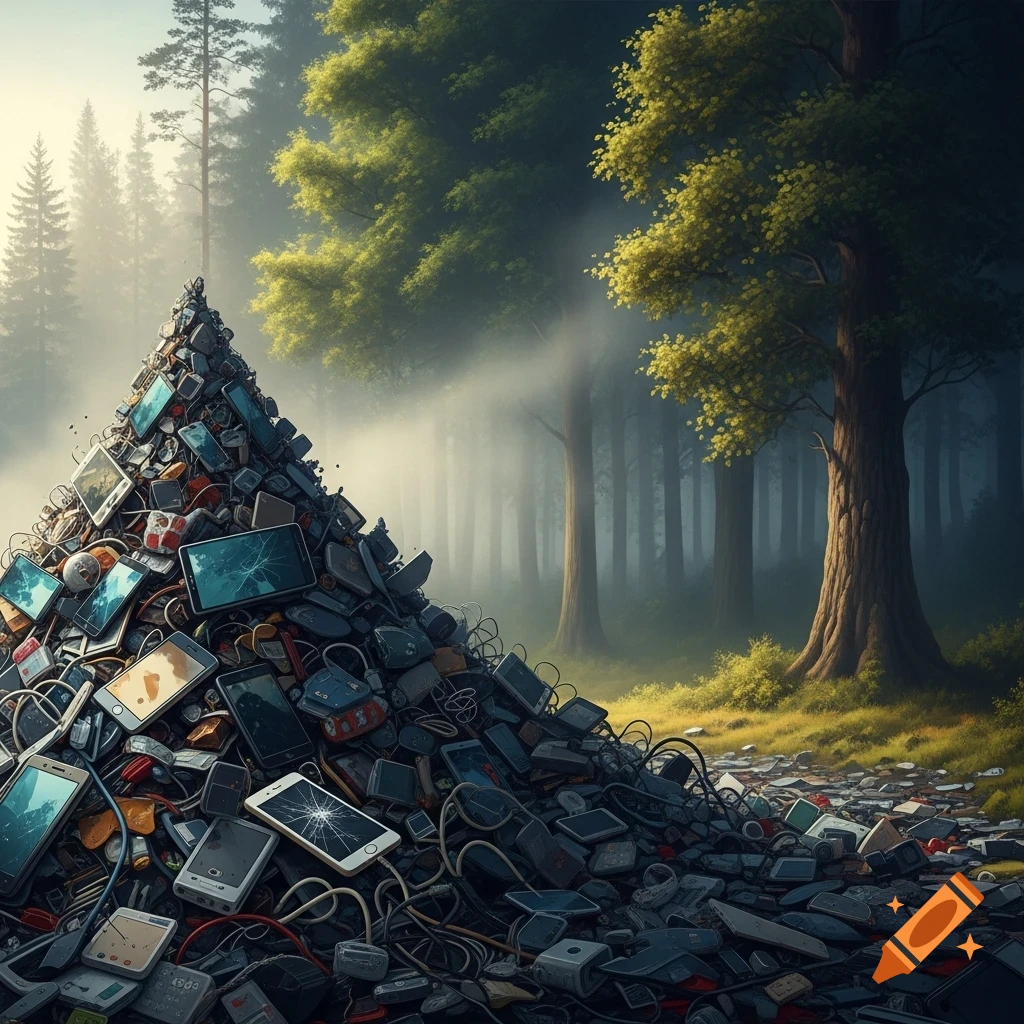 A massive pile of discarded electronics and wires forms a hill in a misty, sunlit forest, depicting environmental impact.