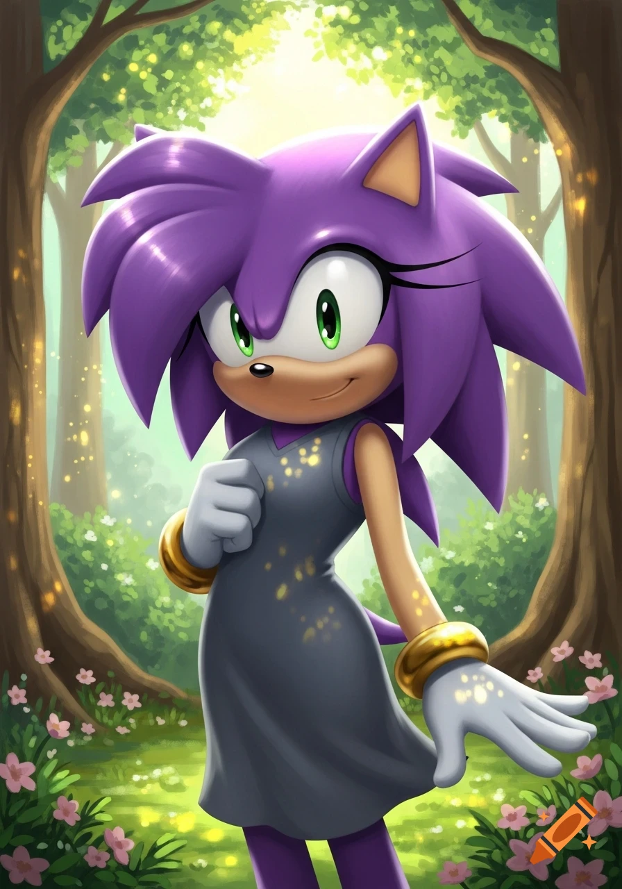 Smiling purple hedgehog with green eyes in a grey dress in a sunlit forest, animated style.