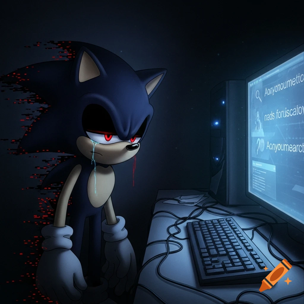 Sonic EXE, dark blue with red eyes and crying blood, looks sadly at a computer screen showing garbled search queries in a dark room.