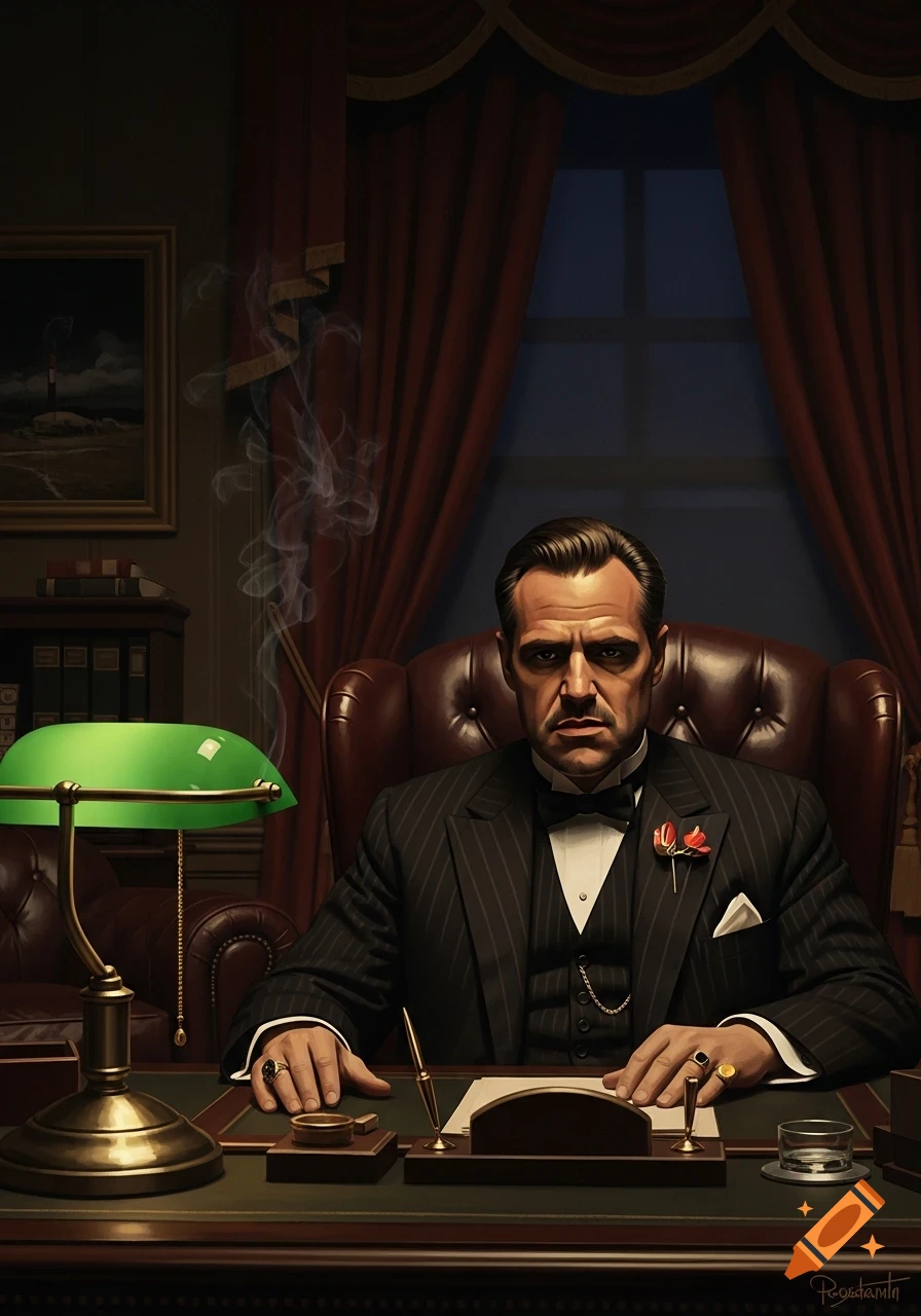 Stern man in a pinstripe suit and bow tie sits at a desk with a green lamp, smoke rising in a dimly lit office.