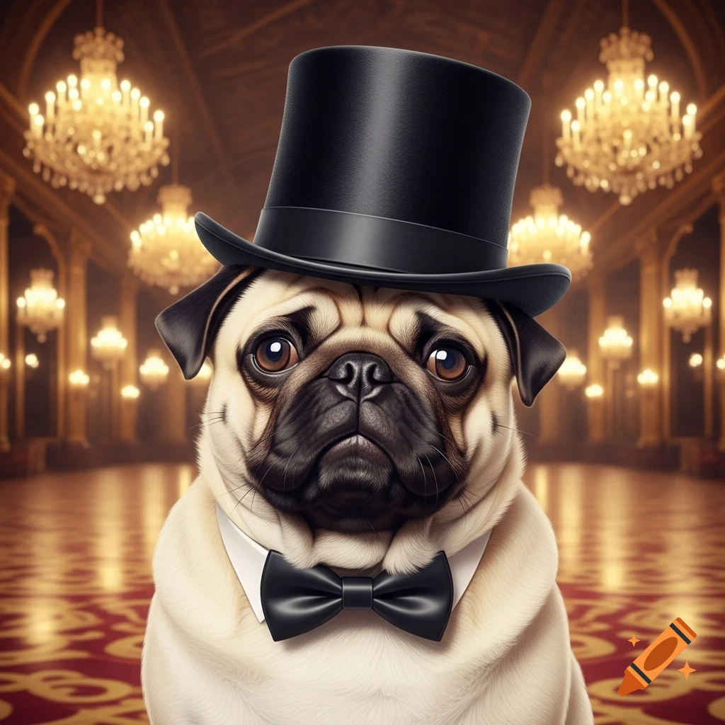 A pug wearing a black top hat and bow tie stands in a grand ballroom with sparkling chandeliers and a red carpet.