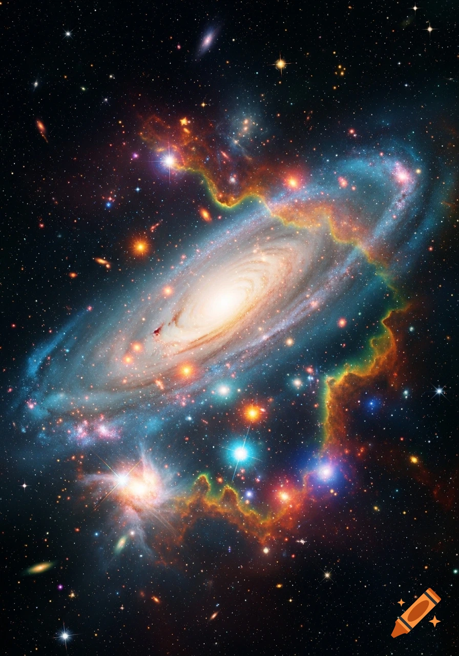 A vibrant spiral galaxy with a bright core and colorful swirling gas clouds, set against a dark, star-filled cosmic background.