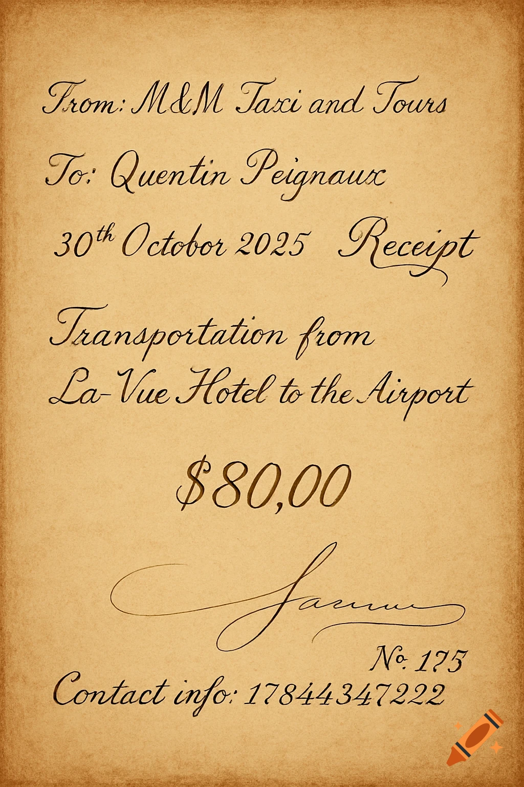 A handwritten receipt on aged parchment paper for M&M Taxi and Tours, dated October 30, 2025, for $80.00.