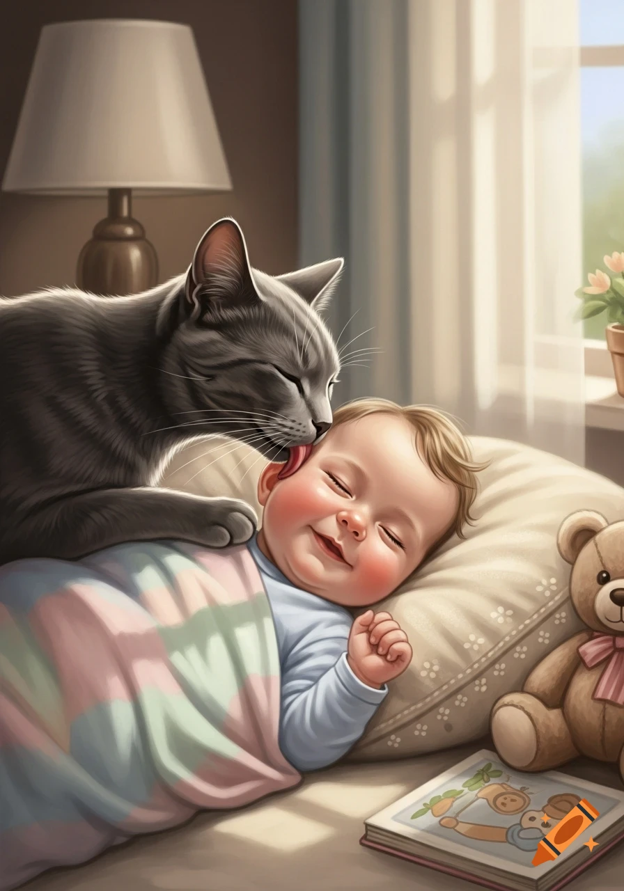 A grey tabby cat gently licks the ear of a smiling baby sleeping on a pillow in a warm, sunlit room, with a teddy bear nearby.