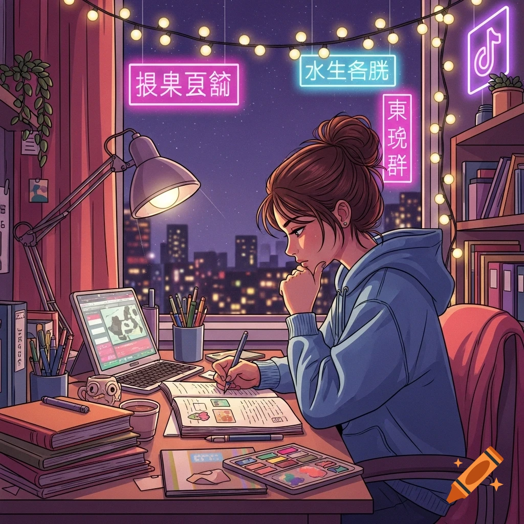 An anime girl studies at her desk by a window overlooking a nighttime city, illuminated by string lights and neon signs.