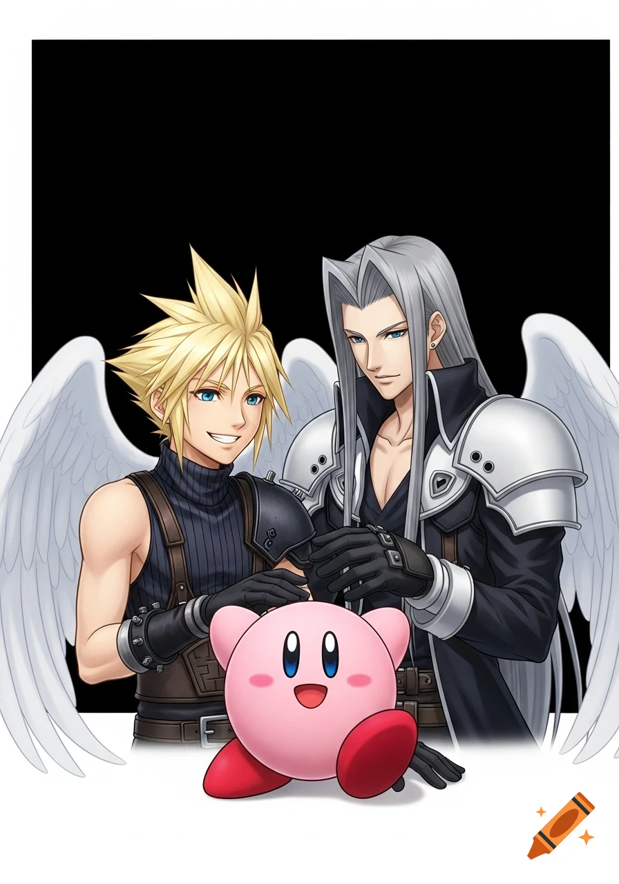 Cloud Strife and Sephiroth from Final Fantasy VII, with white wings, smiling and petting Kirby against a black background in anime style.