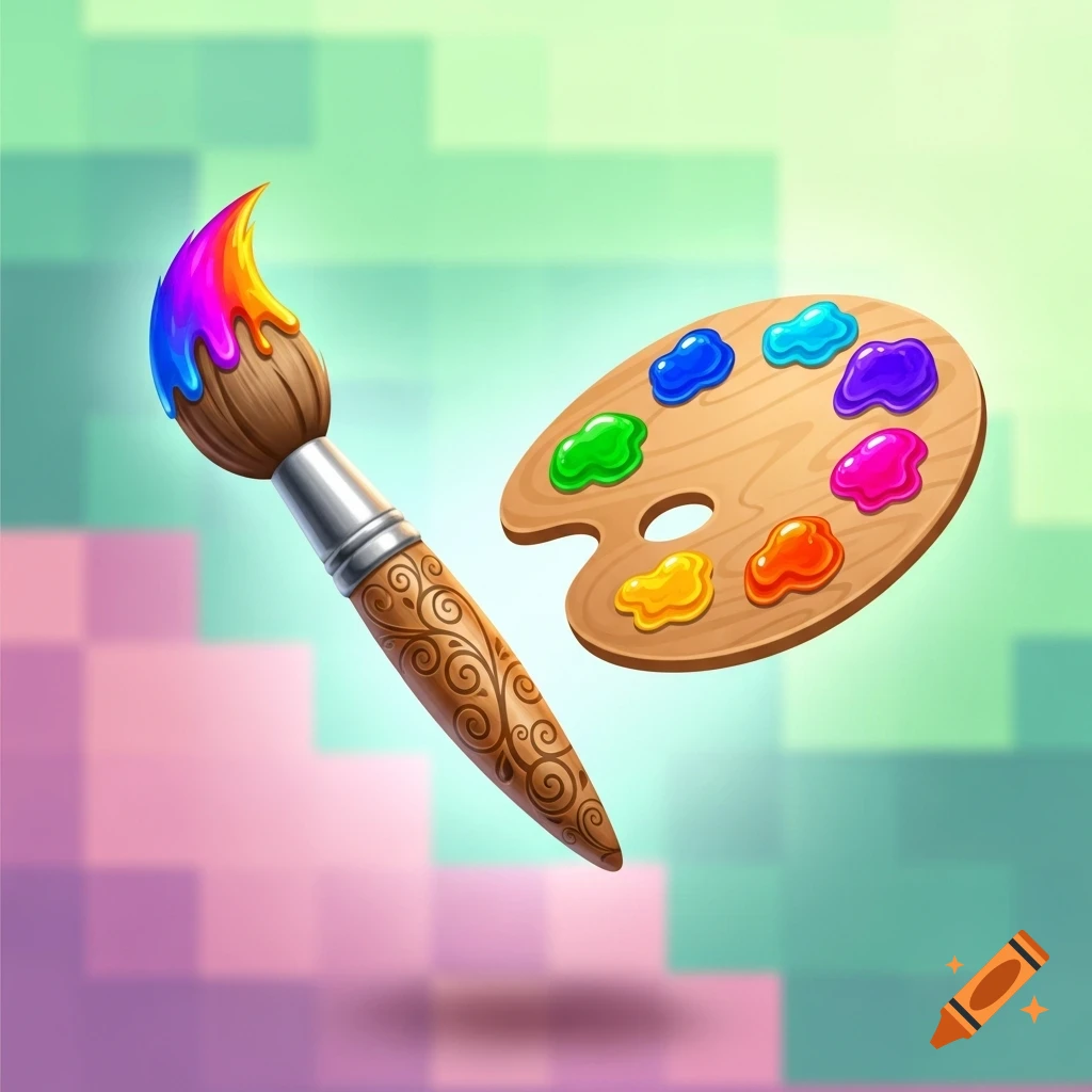 A stylized 2D game icon featuring a paintbrush with rainbow paint and a wooden artist's palette with colorful paint blobs.
