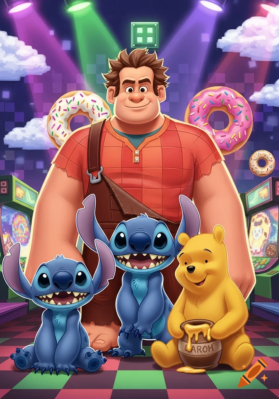 Wreck-It Ralph with two Stitch characters and Winnie the Pooh holding a ...