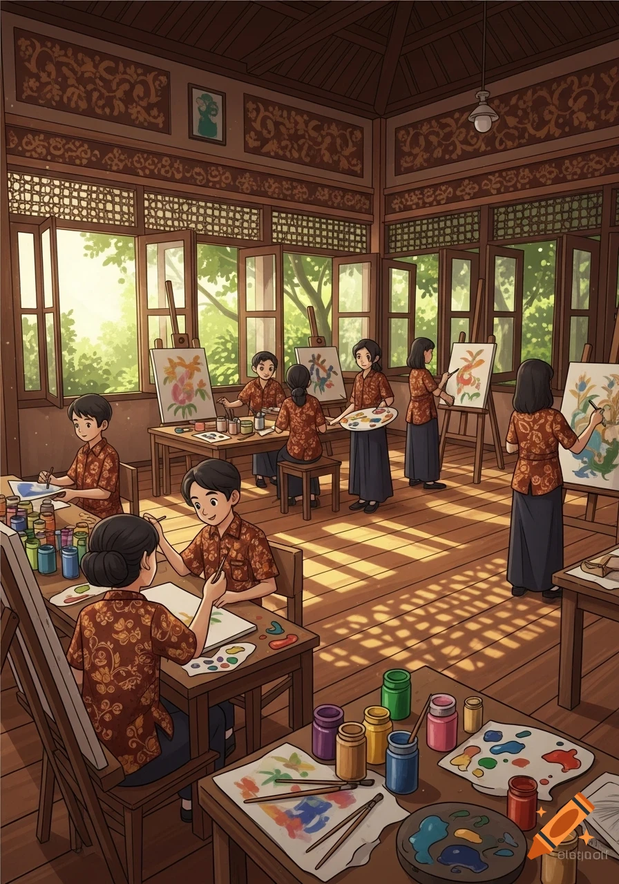 Children in a bright, traditional Indonesian art classroom, painting on easels and tables.