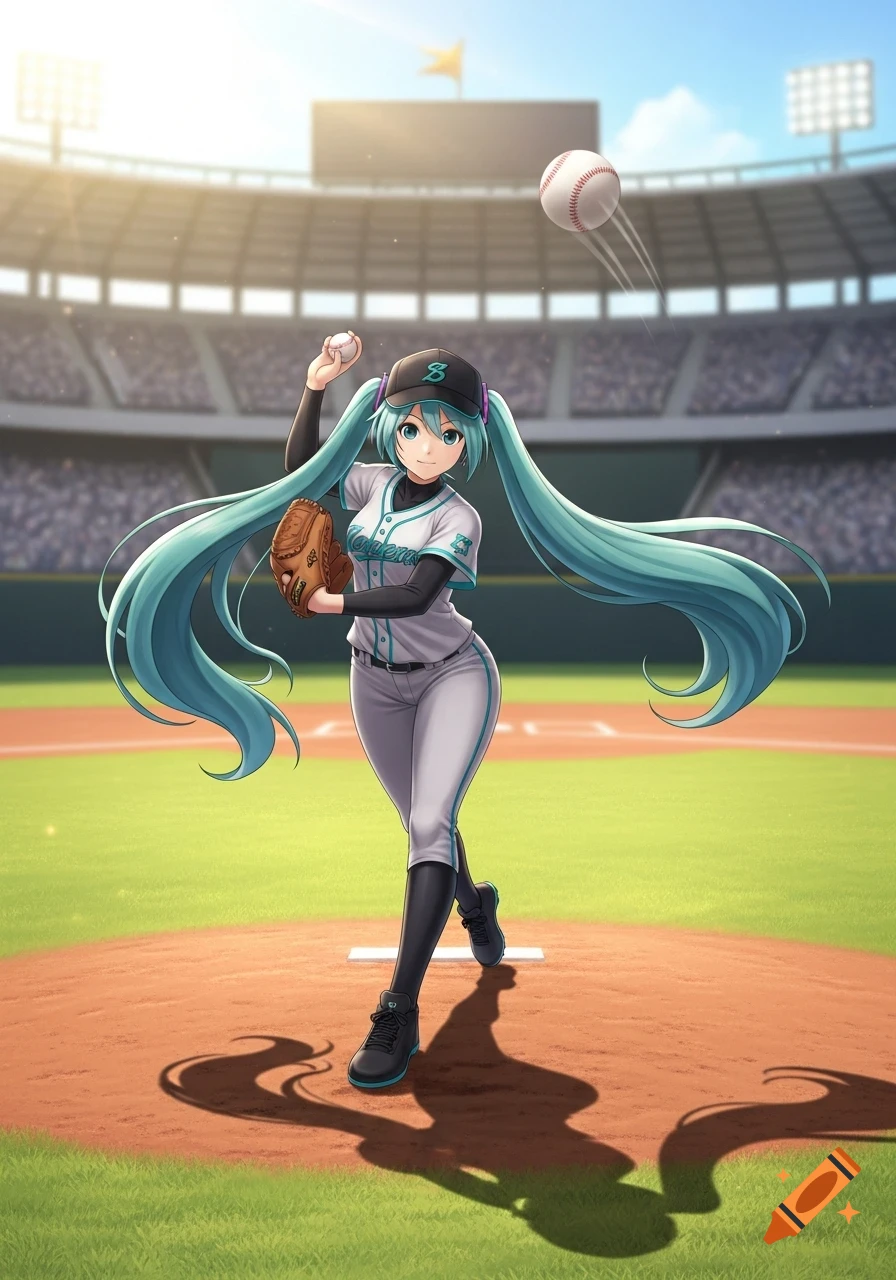Hatsune Miku in a baseball uniform with a cap and glove, throwing a baseball from the pitcher's mound in a stadium.