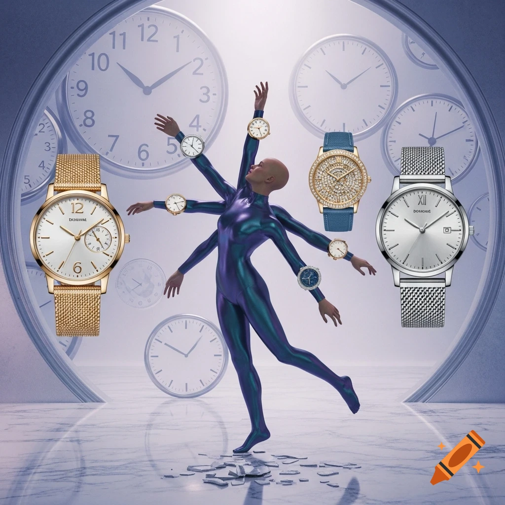 A surreal image of a multi-limbed figure in a metallic suit striking a ballet pose, surrounded by clocks and wearing multiple watches.