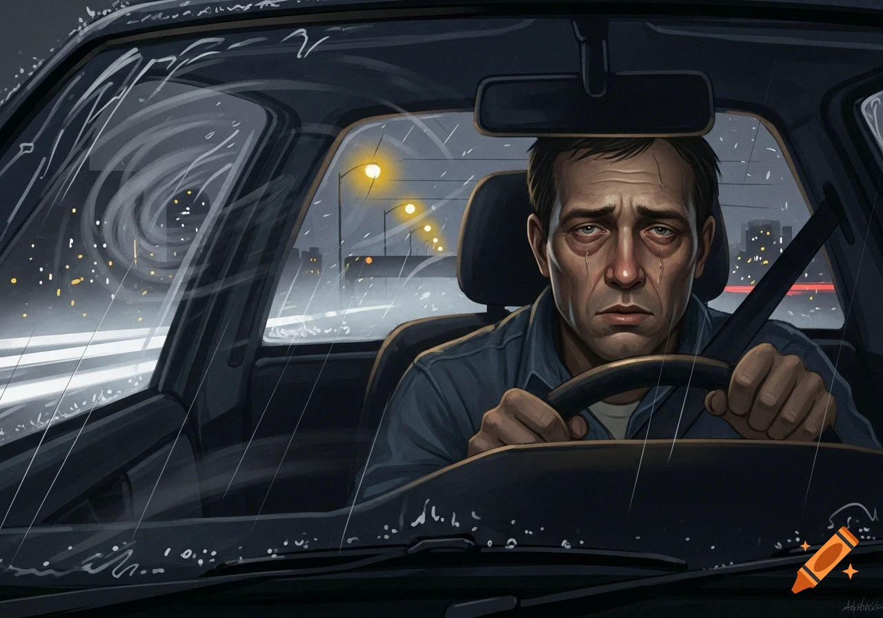 Illustration of a tired, sad man driving a car at night through heavy rain, with blurred streetlights in the background.