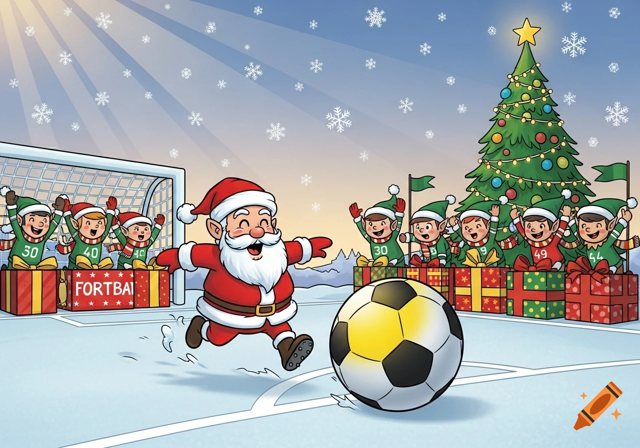 A cartoon illustration of Santa Claus playing soccer in the snow with ...