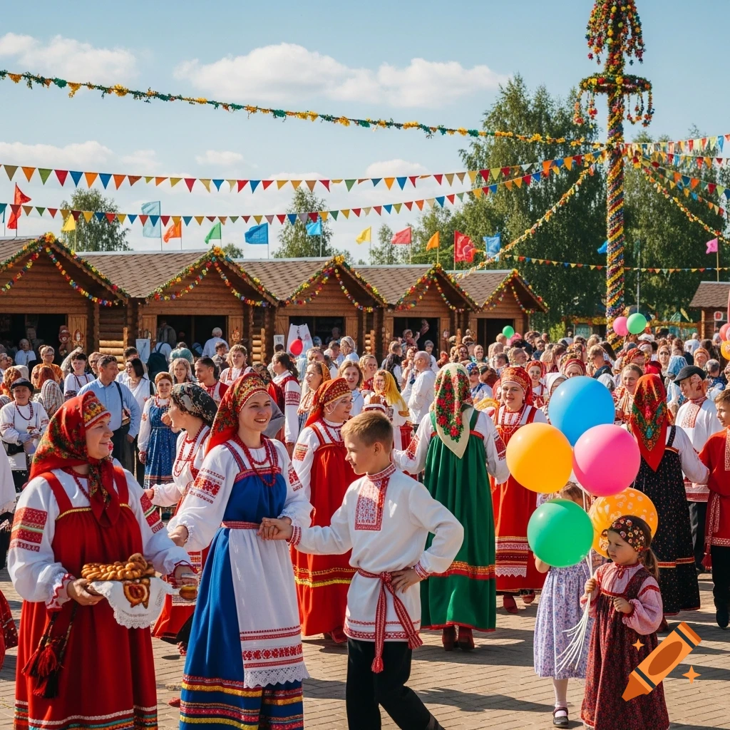 People in vibrant traditional Russian folk costumes celebrate at an outdoor festival with decorated wooden stalls and a tall festive pole.