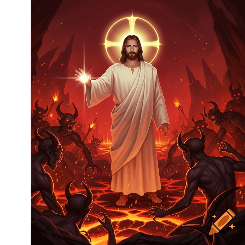 Digital art of Jesus glowing in hell, confronting cowering horned demons on a lava landscape.