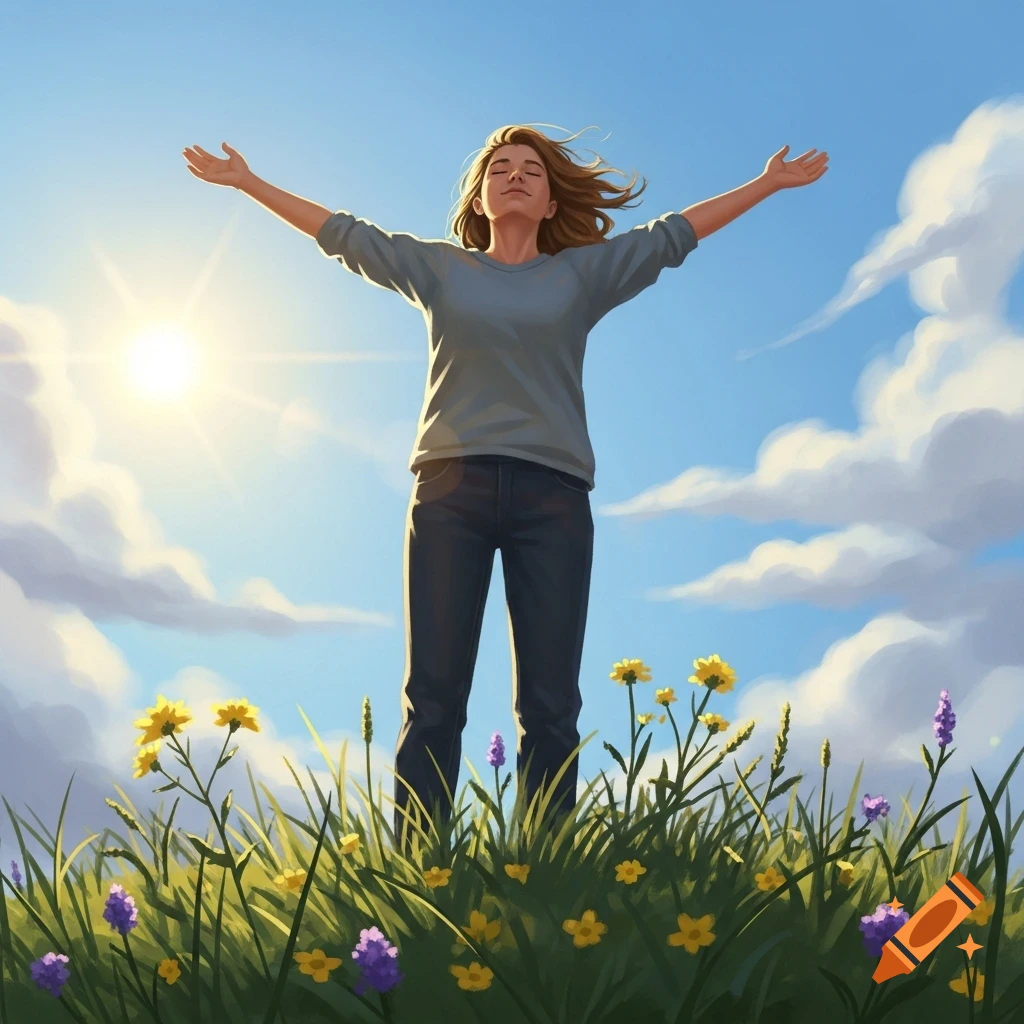 A woman stands in a sunny field with arms outstretched, looking towards the sky, surrounded by wildflowers.