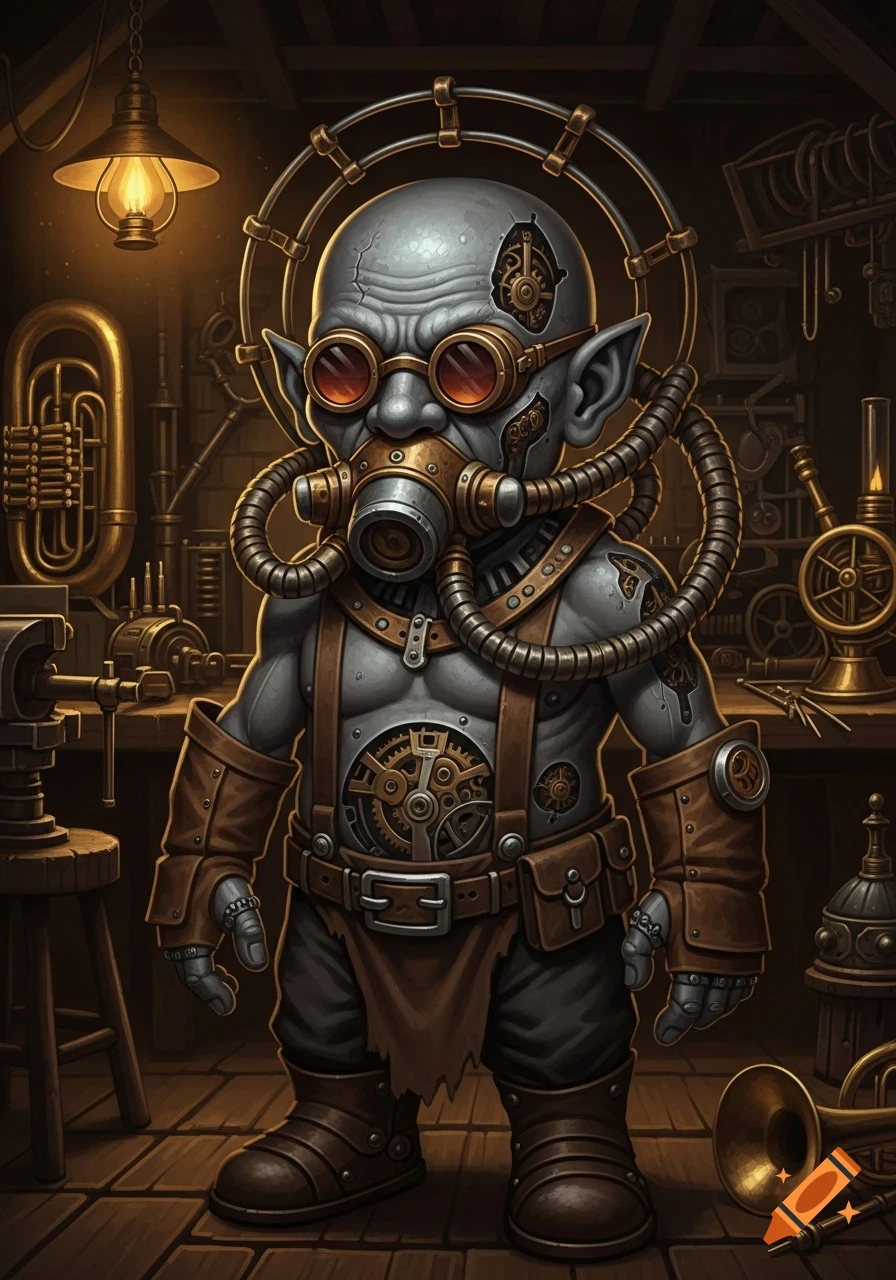 A steampunk clockwork gnome with a gas mask, welder goggles, and exposed gears, standing in a detailed workshop.