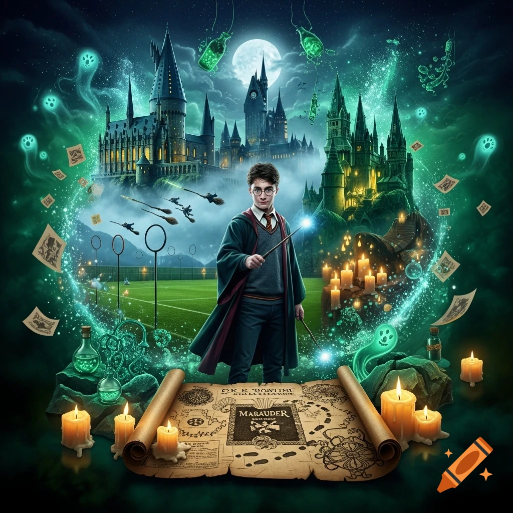 Harry Potter holds a glowing wand amid a magical collage with Hogwarts, a Quidditch pitch, green magic, potions, candles, and a Marauder's Map.