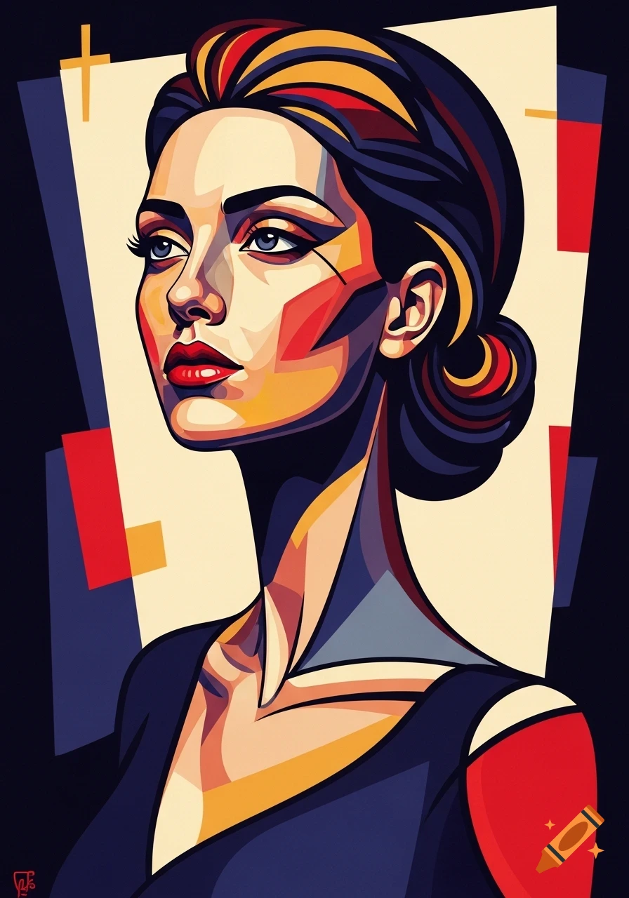 Cubist portrait of an elegant woman with a long neck, featuring geometric shapes in blue, red, yellow, and black.