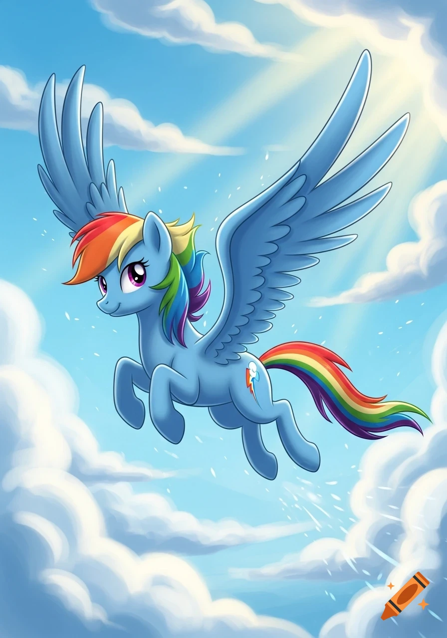 Cartoon blue pegasus with rainbow mane and tail flying in a blue sky with white clouds.