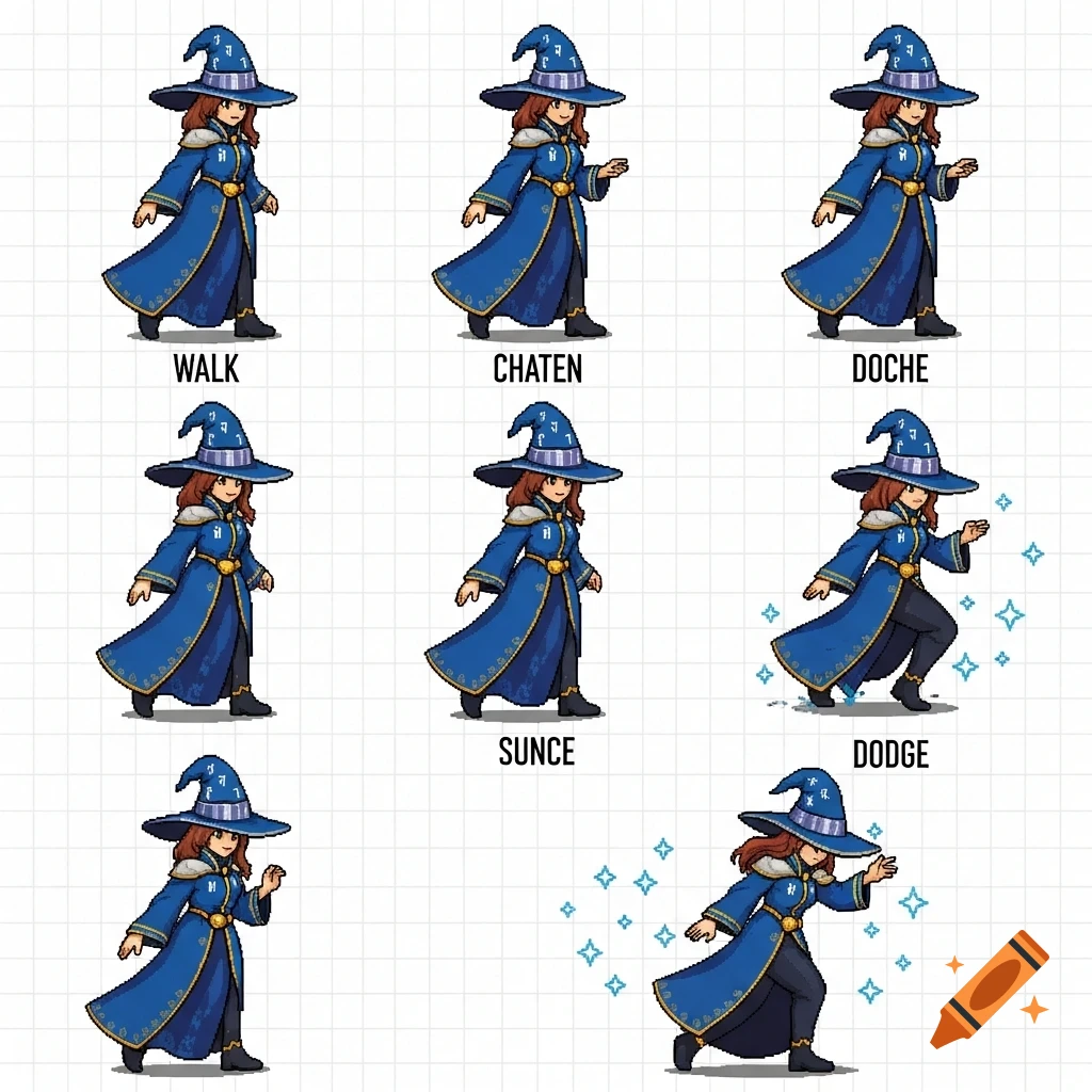 A pixel art sprite sheet featuring a female magician in a blue robe and witch hat, showing various walk and dodge animations.