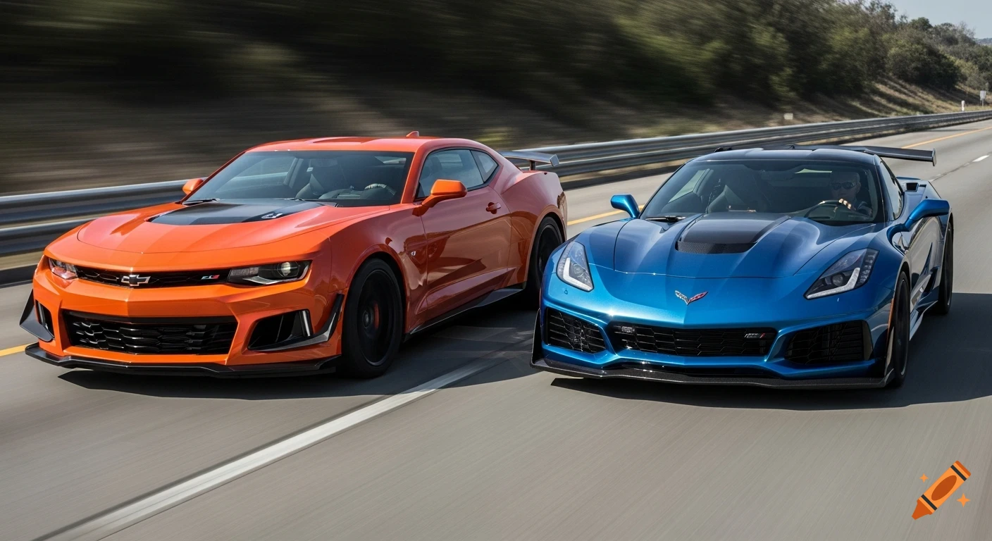 An orange Chevrolet Camaro ZL1 1LE and a blue Corvette ZR1 sports car driving on a highway.