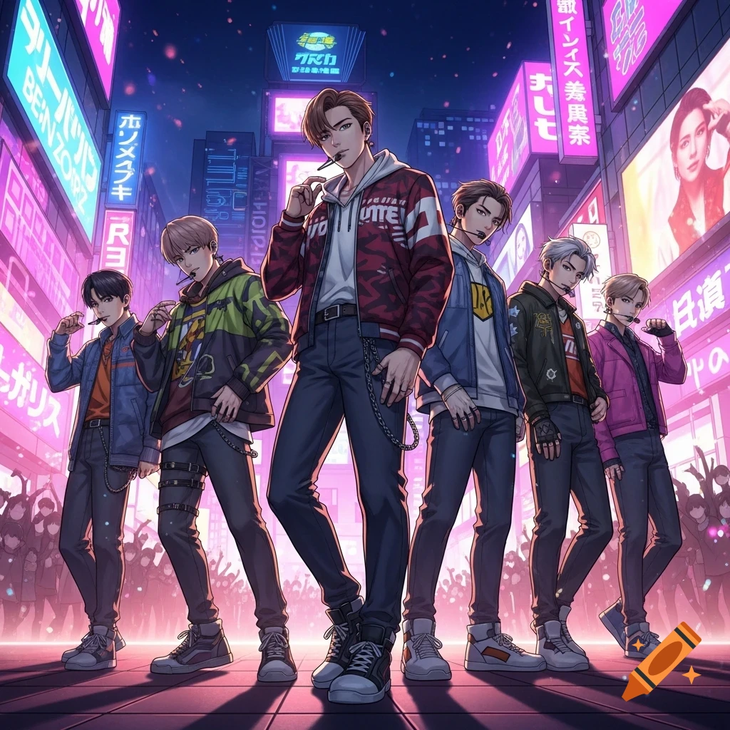An anime-style K-pop boy group poses on a neon-lit city street at night, with a cheering crowd in the background.