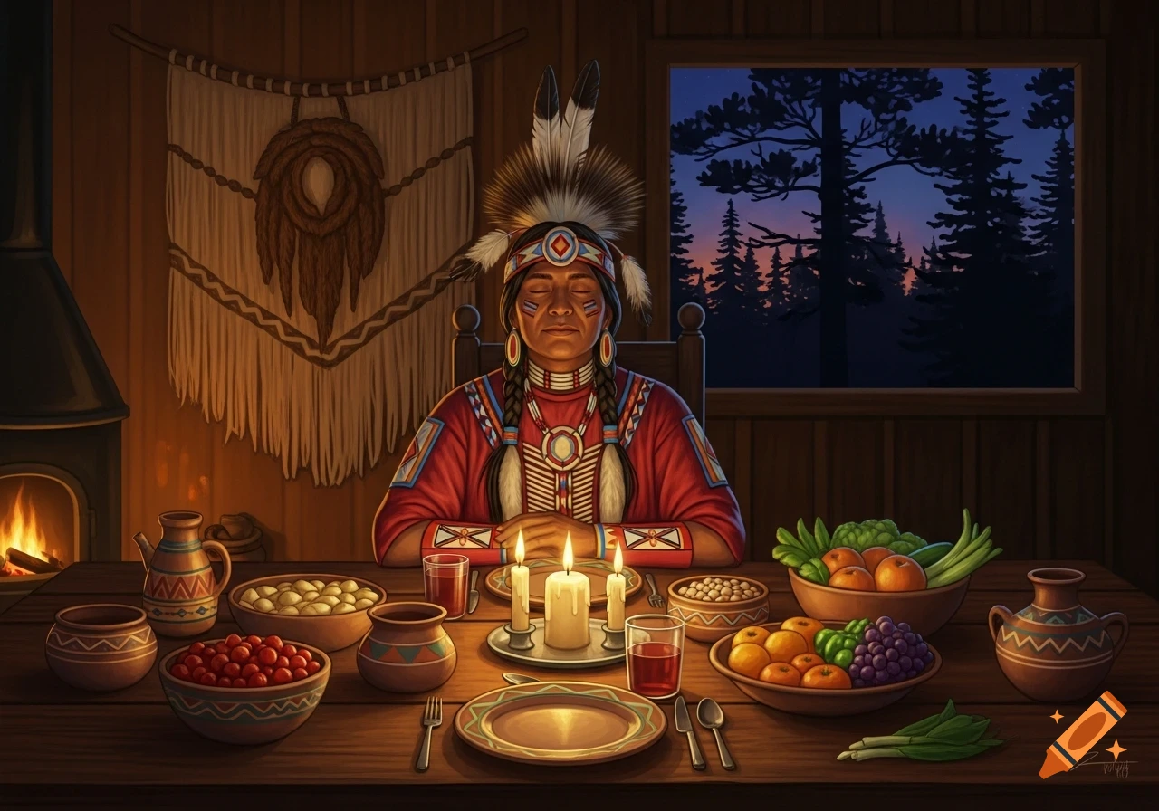 Illustrated indigenous person meditating at a candlelit dinner table with various foods and a fireplace, overlooking a night forest.