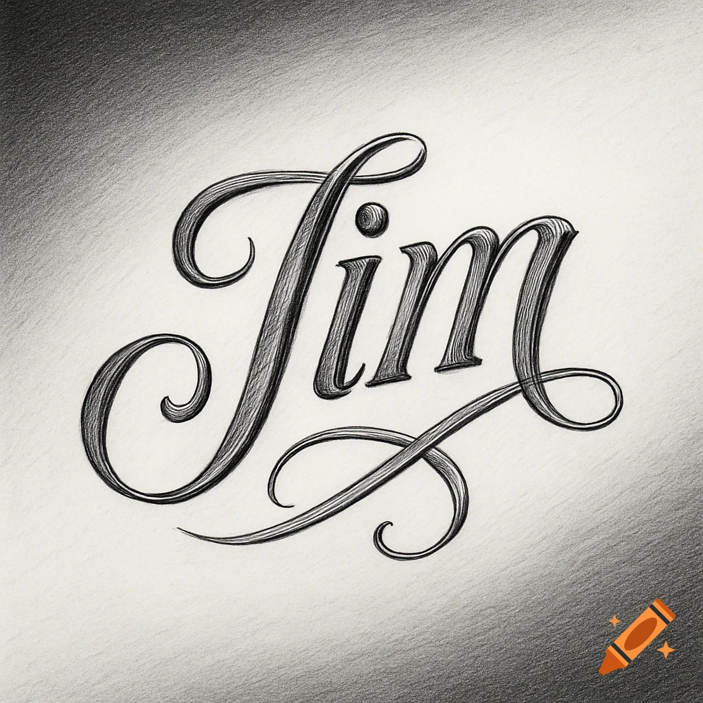 A black and white pencil sketch of the name 'Jim' in elegant cursive lettering.