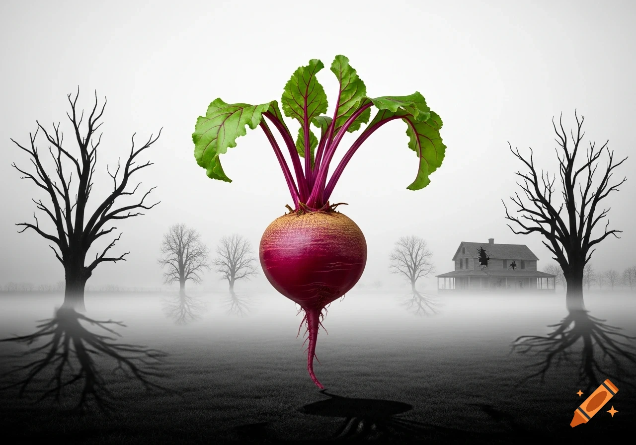 A vibrant red beet with green leaves floats above dark ground, flanked by silhouetted bare trees and a distressed house in a foggy, eerie landscape.