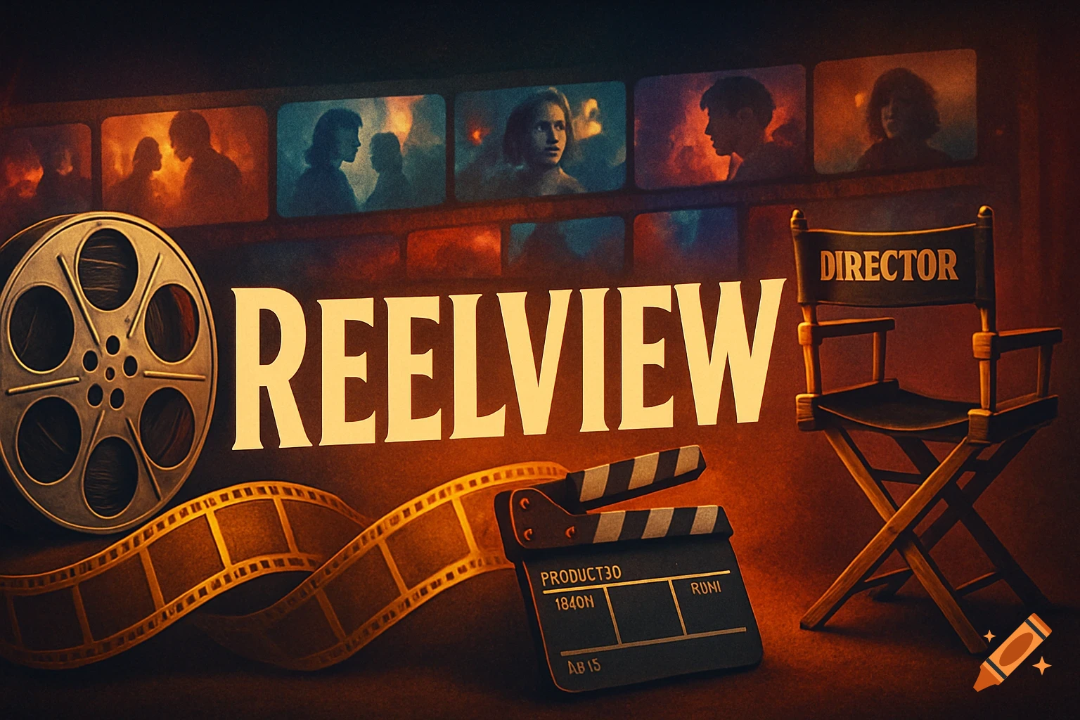 A cinematic banner with 'REELVIEW' text, a film reel, film strip, clapperboard, director's chair, and movie stills.
