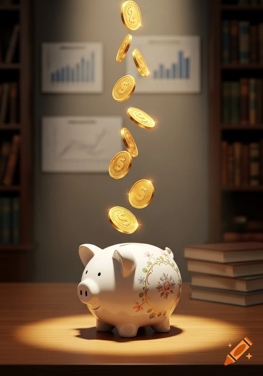 A white piggy bank with floral patterns sits on a wooden desk as gold coins fall into its slot, with blurred bookshelves and charts in the background.