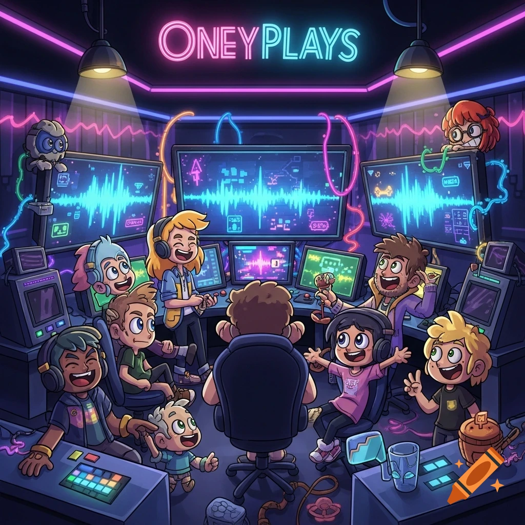 Cartoon characters in a neon-lit recording studio with monitors displaying sound waves. The text 'ONEYPLAYS' is above.