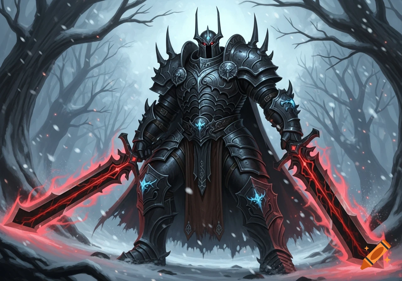 A dark knight in ornate black armor with glowing red eyes stands in a ...