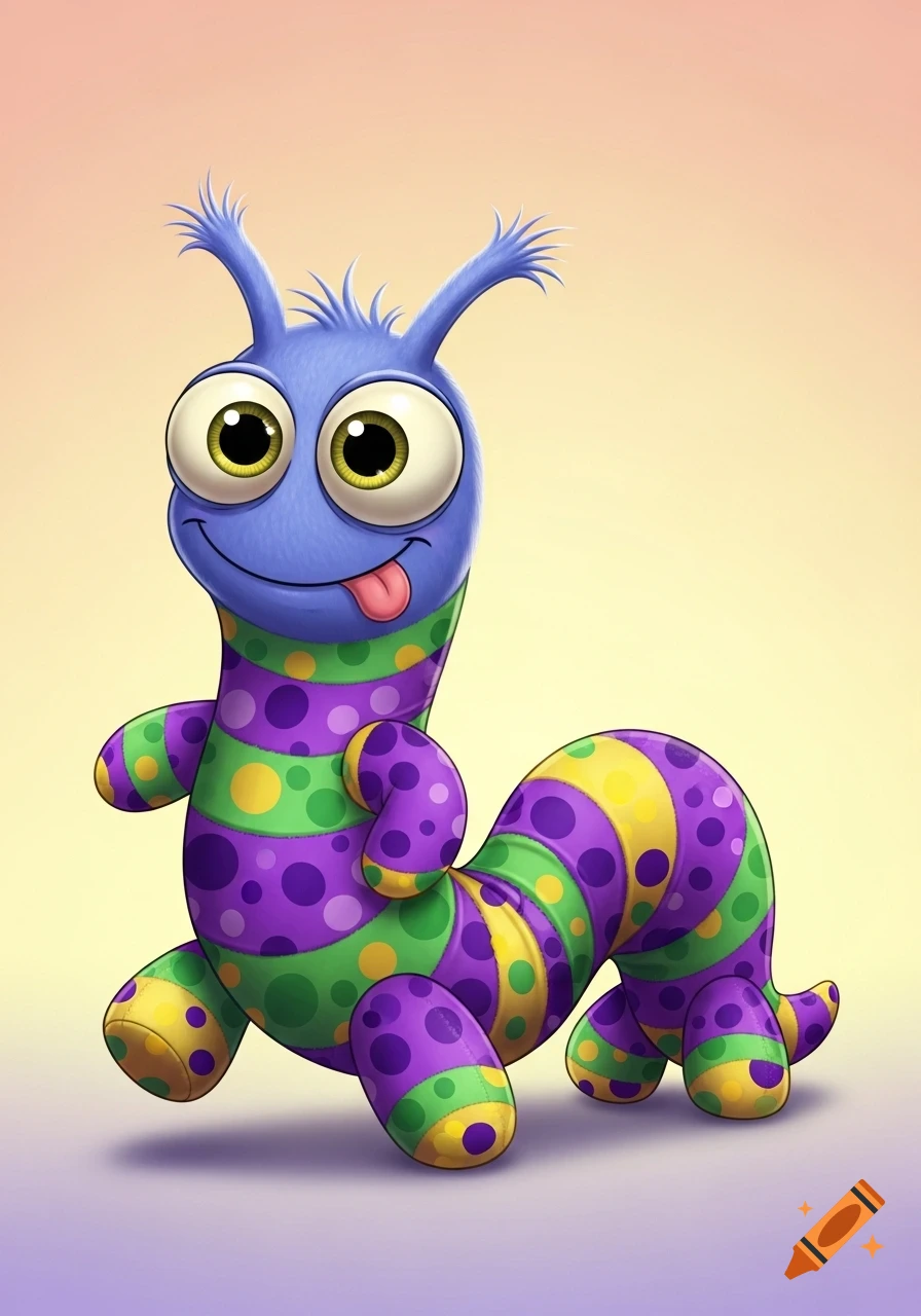 A vibrant cartoon worm plush toy with big eyes and a tongue out, featuring purple, green, and yellow polka dots.