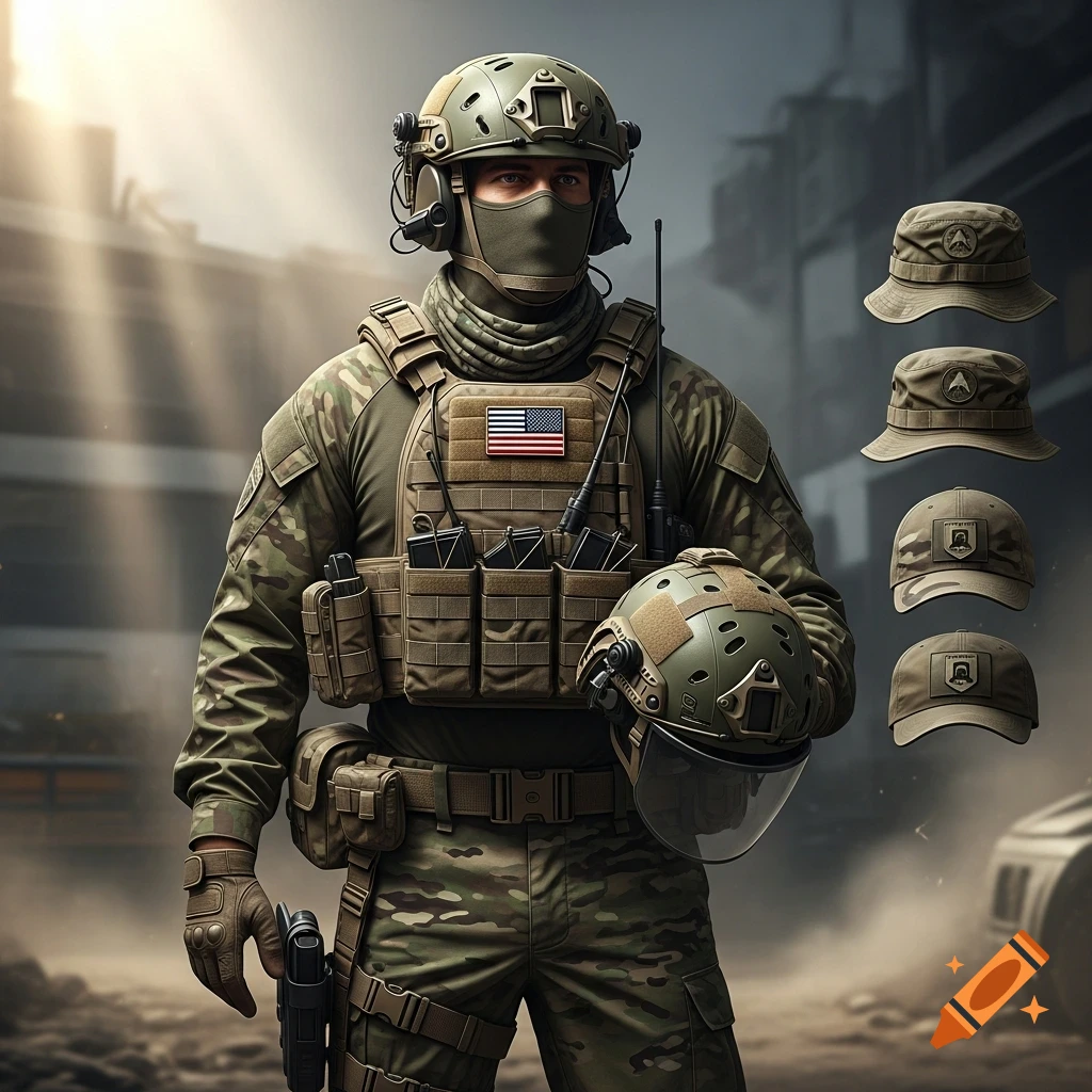 Photorealistic soldier in camouflage and tactical gear, wearing a balaclava, holding a helmet, with various hats.