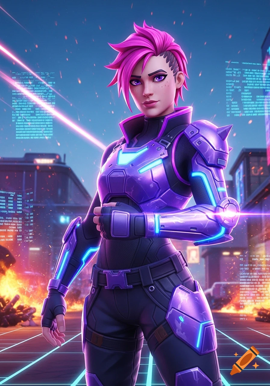 A stylized female character with pink hair and futuristic purple and black armor with neon blue lights, standing in a cyberpunk cityscape.