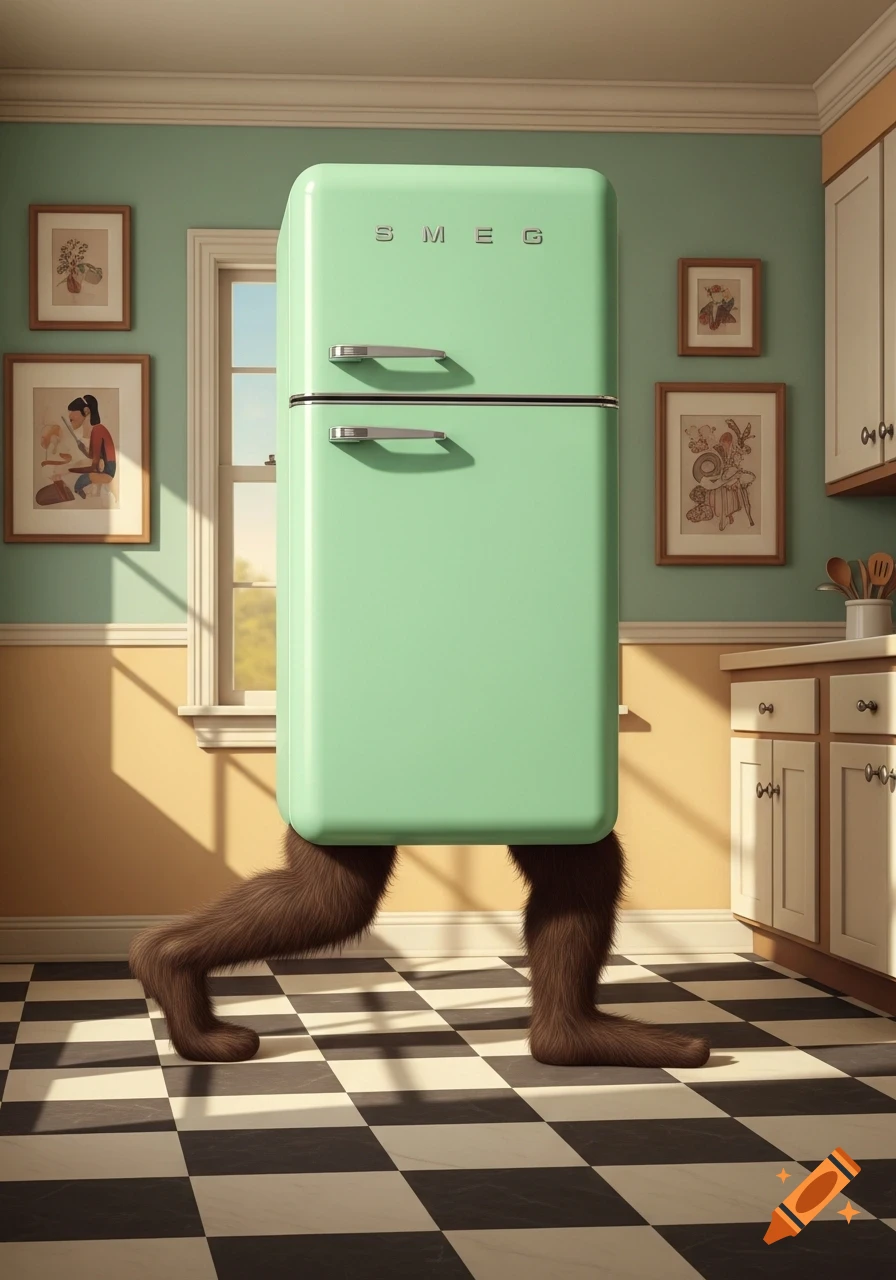 A mint green Smeg refrigerator with hairy, brown Bigfoot-like legs stands in a sunny kitchen with a black and white checkered floor.