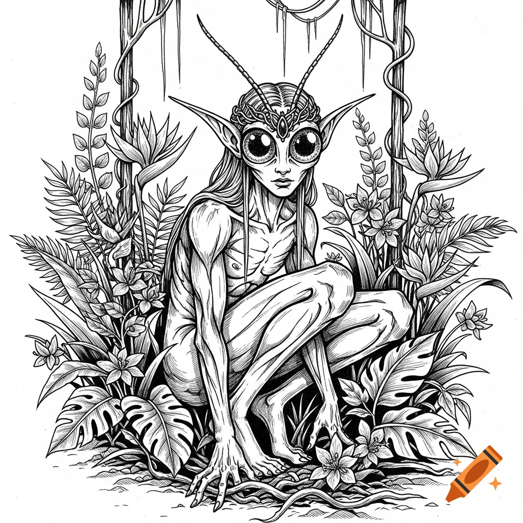 Black and white ink drawing of a slender fantasy creature with large insect eyes and long ears, crouched amidst tropical plants.