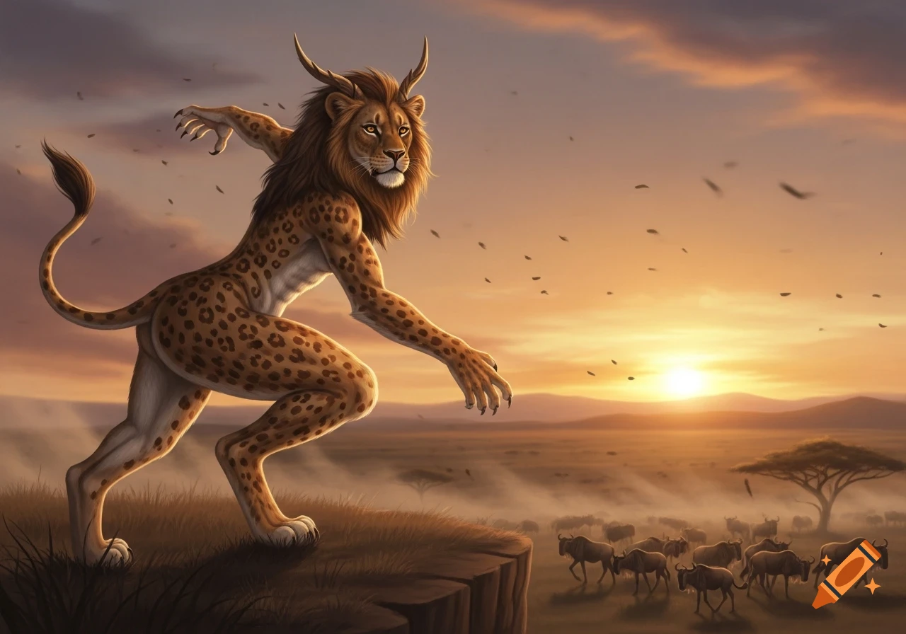 A horned lion-human hybrid creature on a cliff overlooking a wildebeest herd in a savanna at sunset, digital painting.