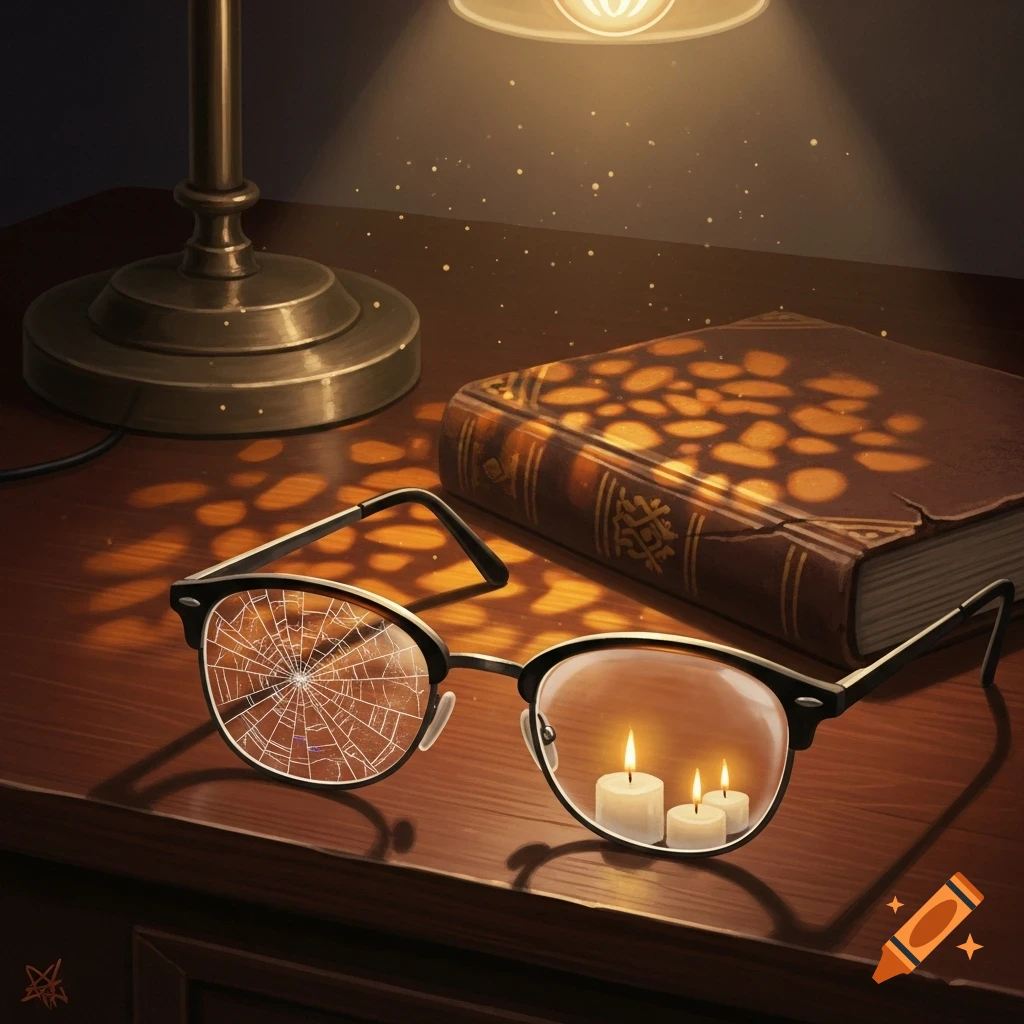 A pair of glasses with one broken lens and candles reflecting in the other, next to a book and lamp on a wooden desk.