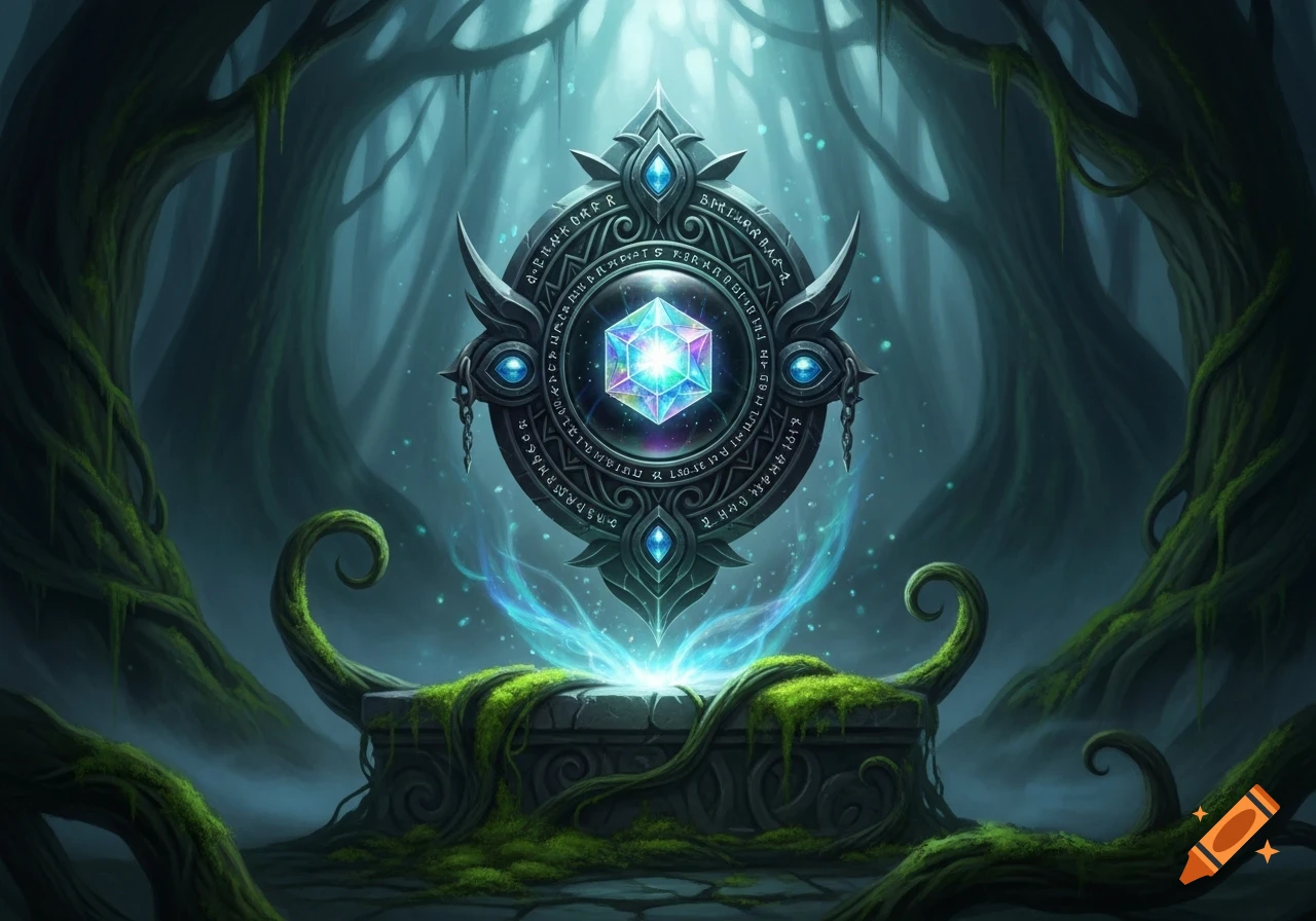 An ornate, glowing fantasy artifact with a crystal and runes, levitating over a mossy pedestal in a dark, mystical forest.