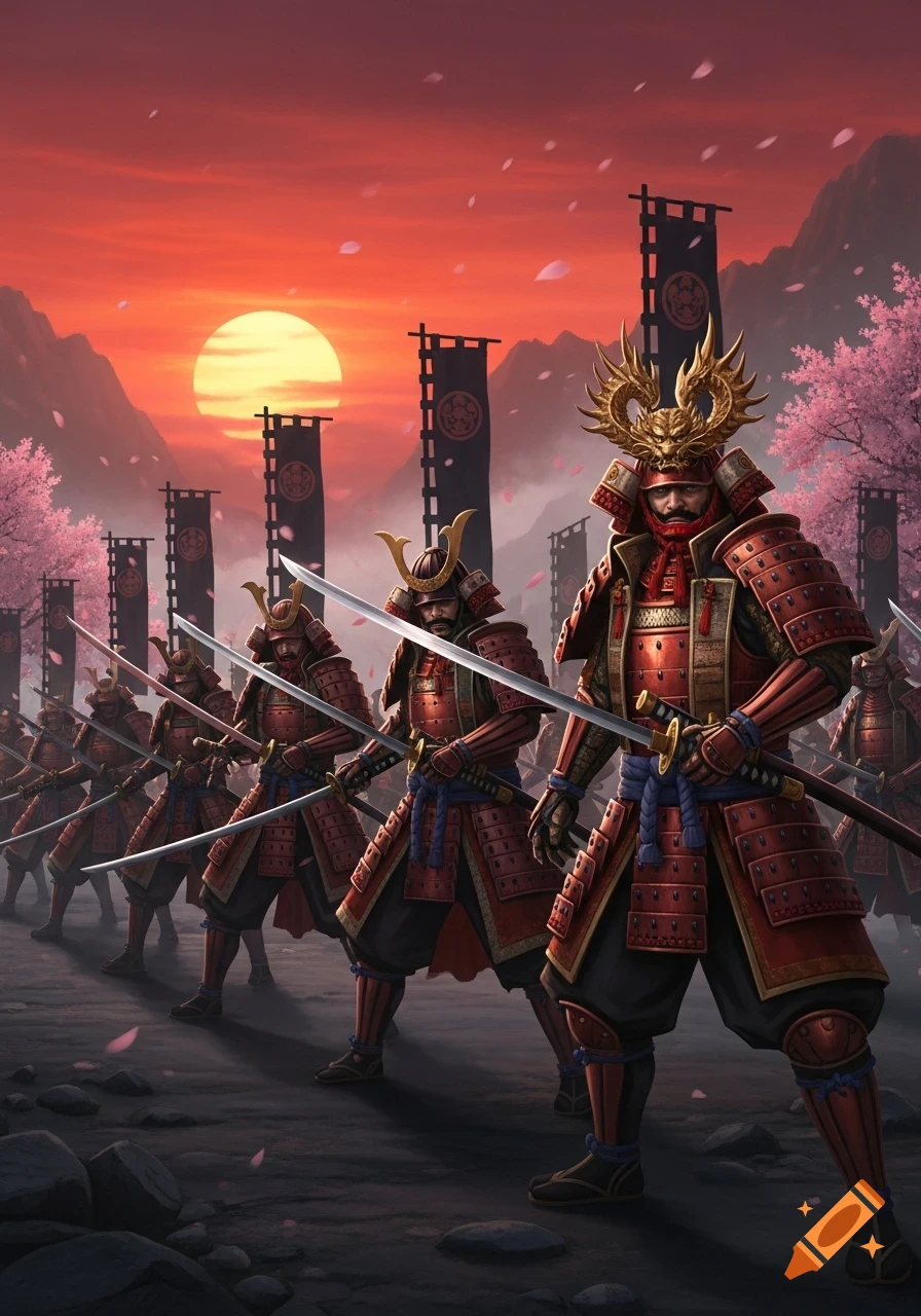 A formation of samurai warriors in red and black armor holding katanas, standing under a dramatic sunset with cherry blossoms and tall banners.