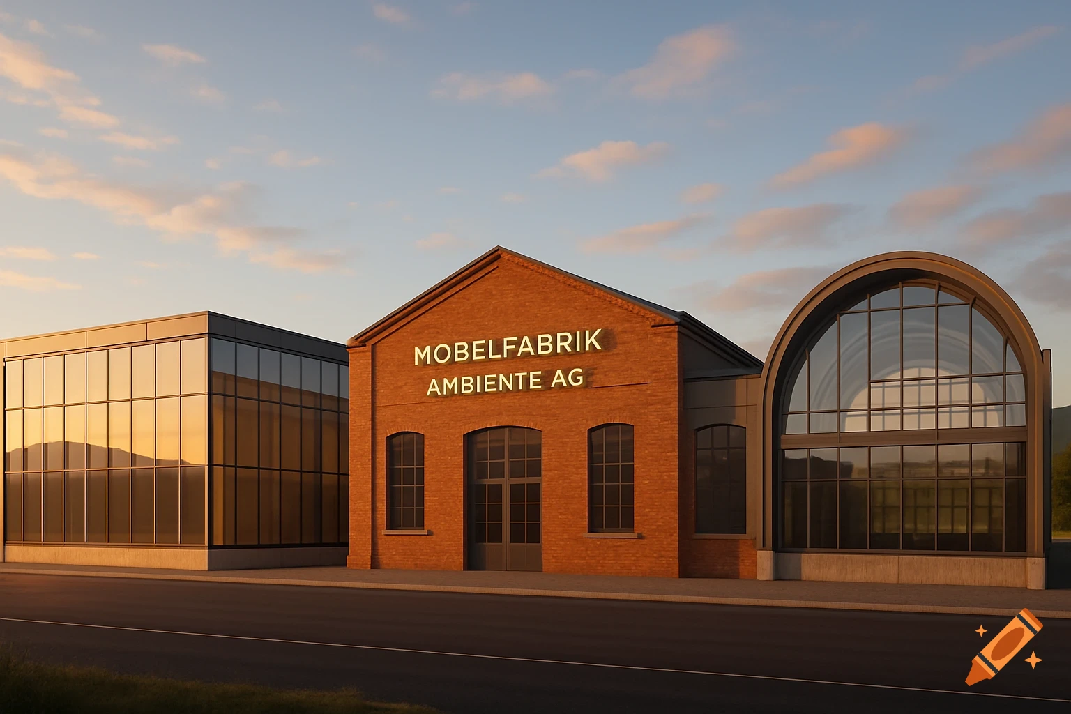 Photorealistic image of a "Möbelfabrik Ambiente AG" factory complex with three halls at sunset, featuring brick and glass buildings.